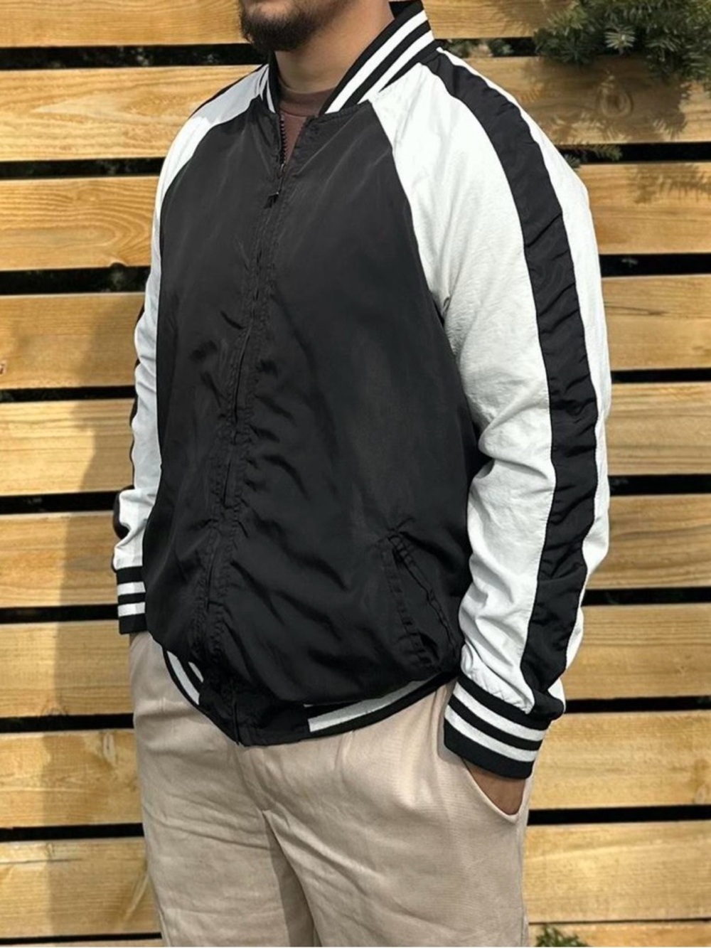 Men's Black and White Varsity Bomber Jacket